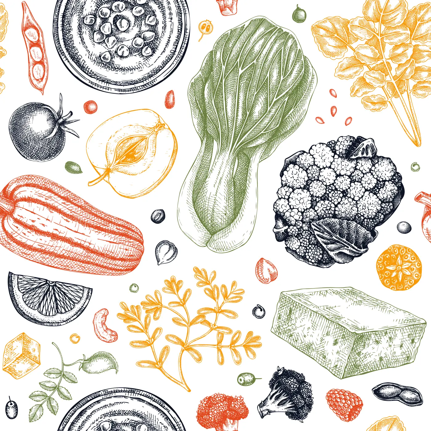 Vegan food seamless pattern. Healthy food illustrations. Hand-drawn vegan meals background for menu, recipe, packaging design. Vegan food, nuts, seeds, fruits, veggies, tofu sketches backdrop Illustration